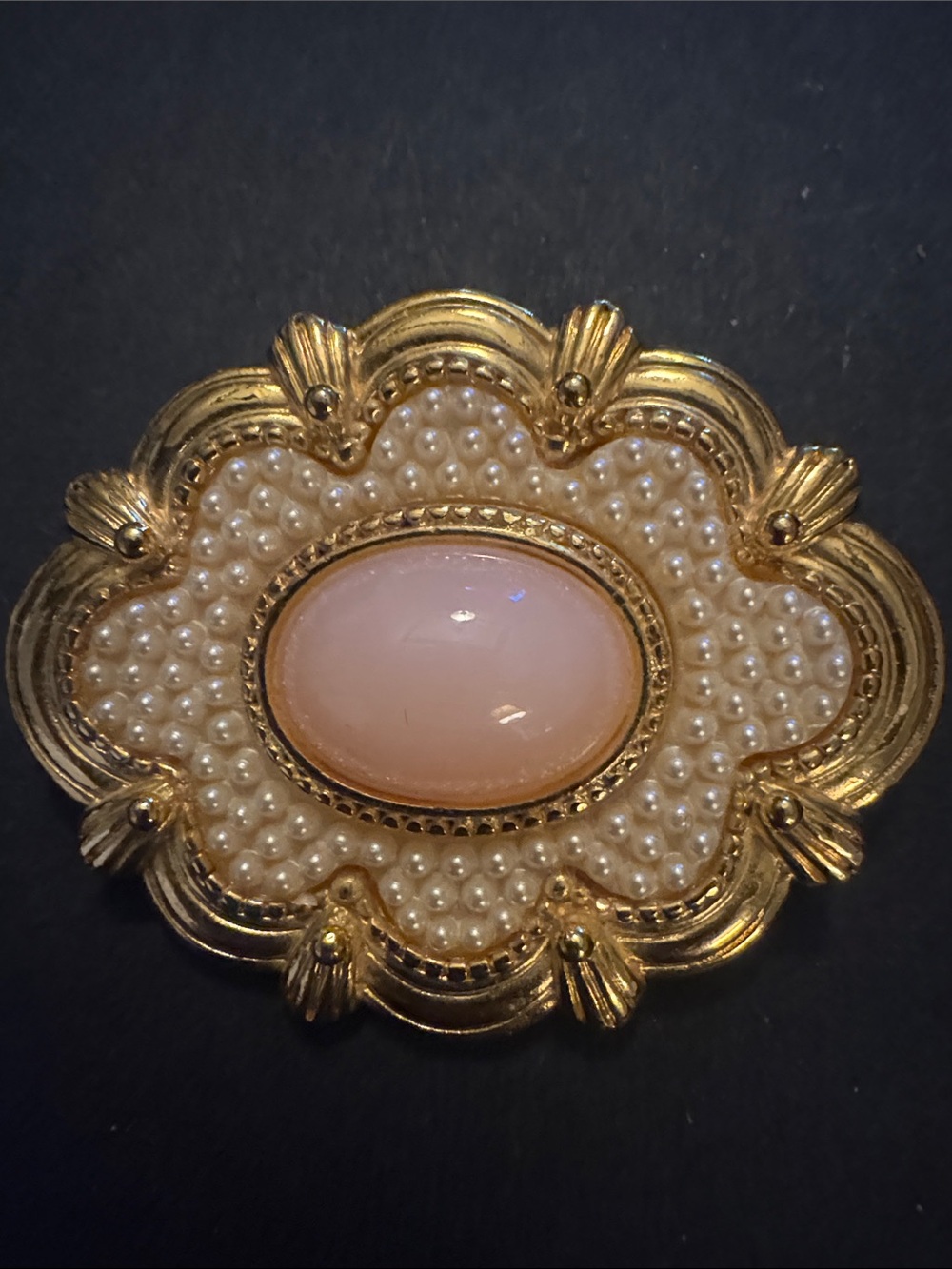 Vintage find Gold-Tone Faux Pearl Brooch with Pink Cabochon Center